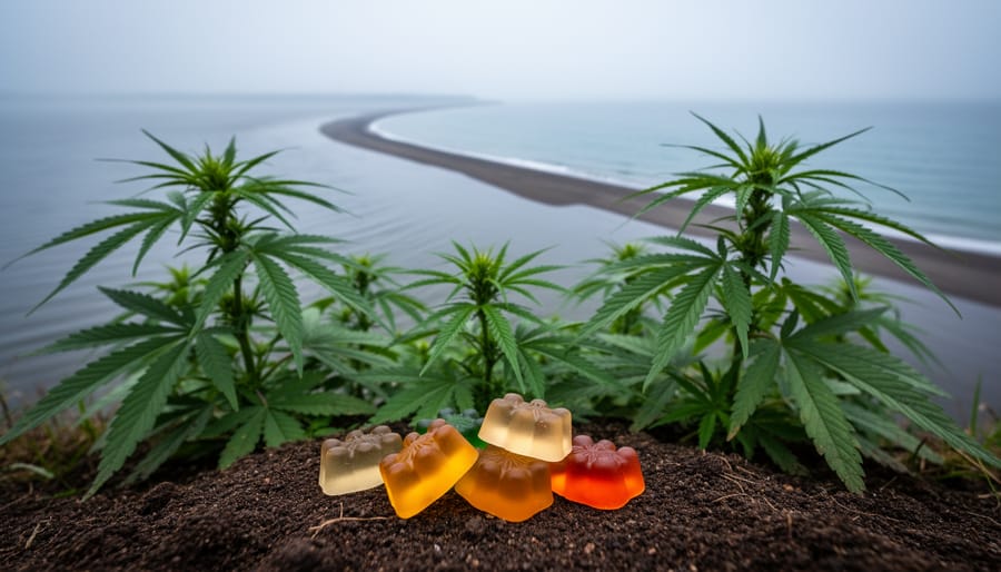 Hemp plants and a few hemp-derived THC gummies on soil in the foreground, with a river flowing toward the ocean in the background.