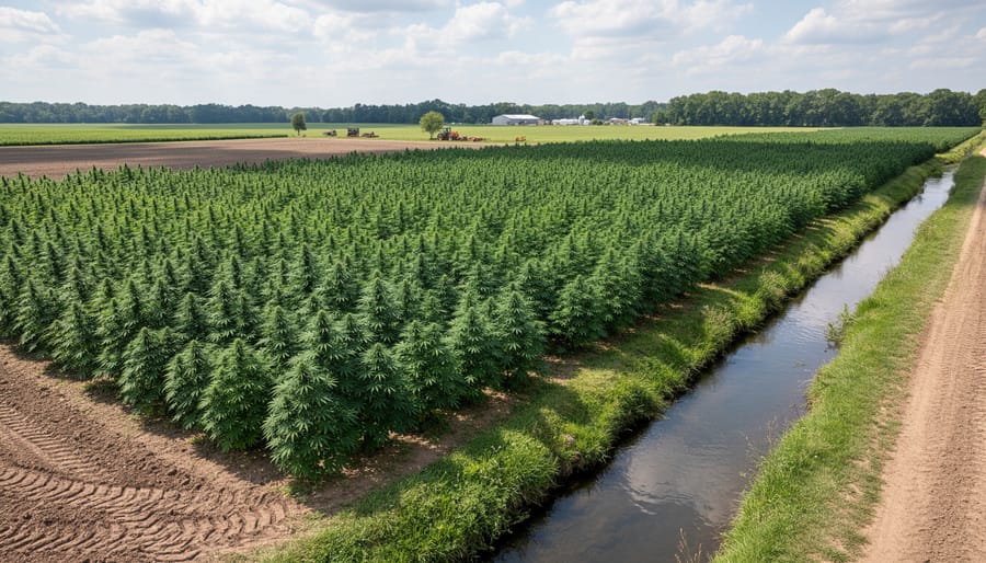 Hemp plants growing in organized rows in a field under golden hour lighting