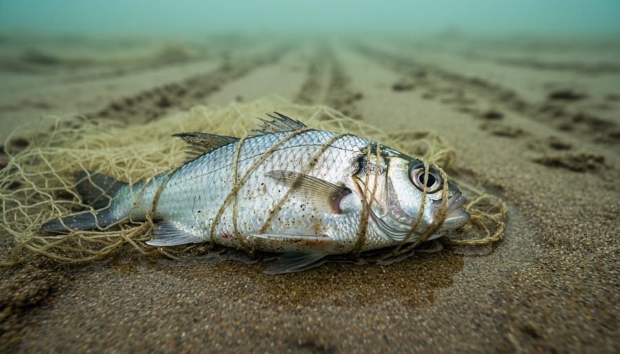 Juvenile fish entangled in netting underwater near rocky seafloor