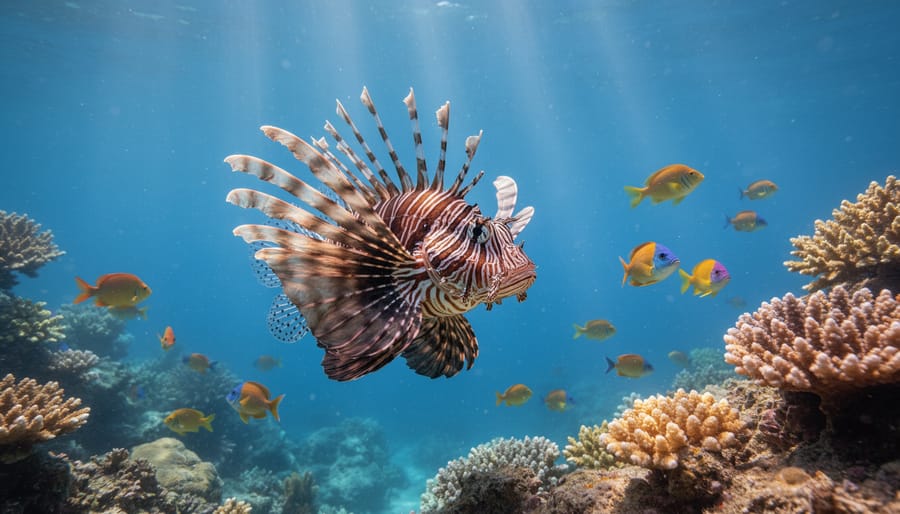 Lionfish displaying fins near a coral crevice with small reef fish in the background