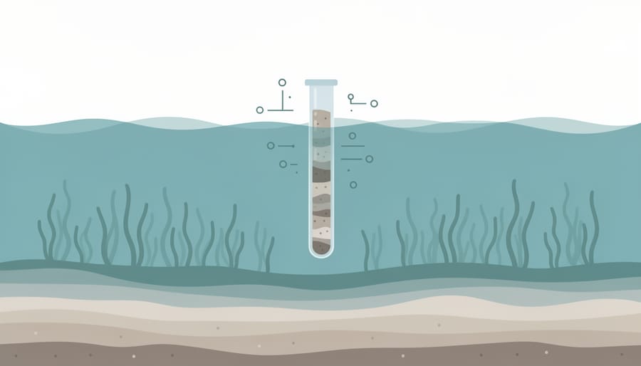 Macro close-up of dark coastal sediment in a transparent vial held by gloved hands