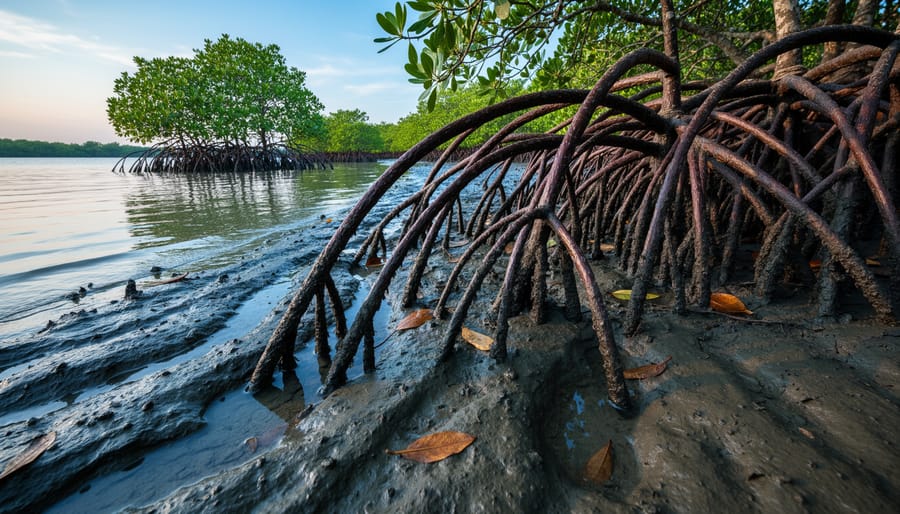Mangrove prop roots and exposed tidal sediment in a mangrove coastal habitat at low tide