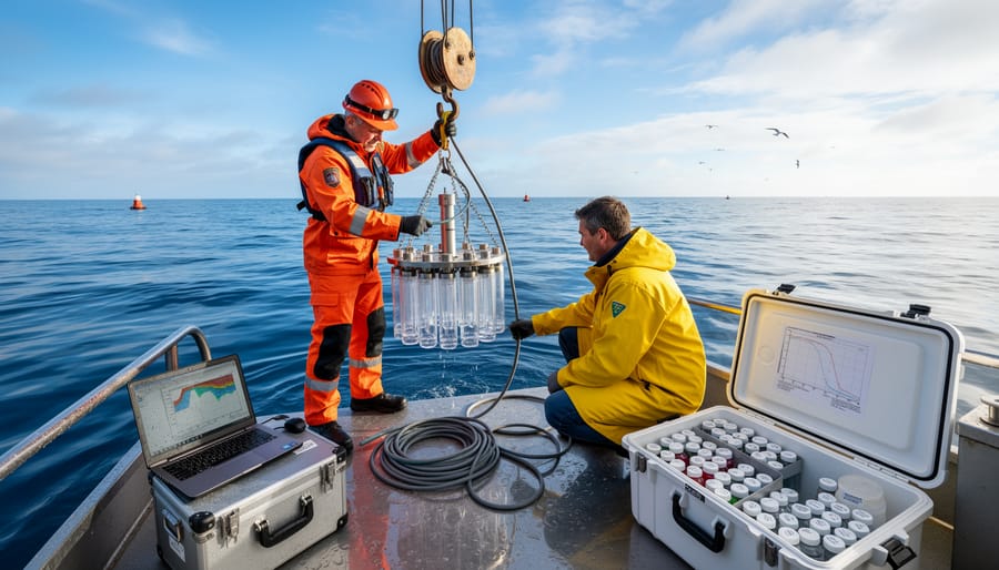 Marine biologist collecting an ocean water sample from a research boat while looking at the surrounding sea.