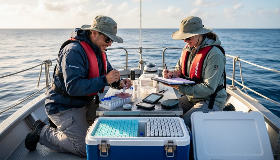 Marine biologist in a wetsuit handling marine sample vials on a boat deck with the ocean in the background