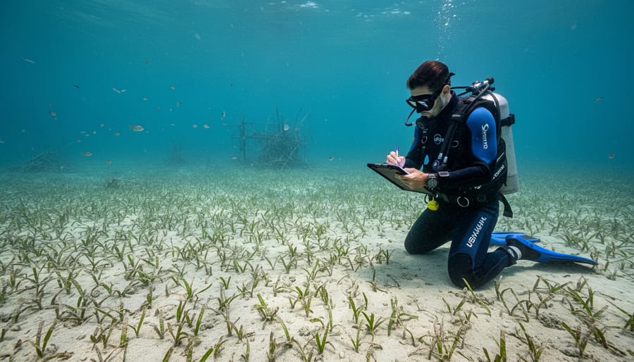 Marine biologist observing a degraded seagrass bed underwater