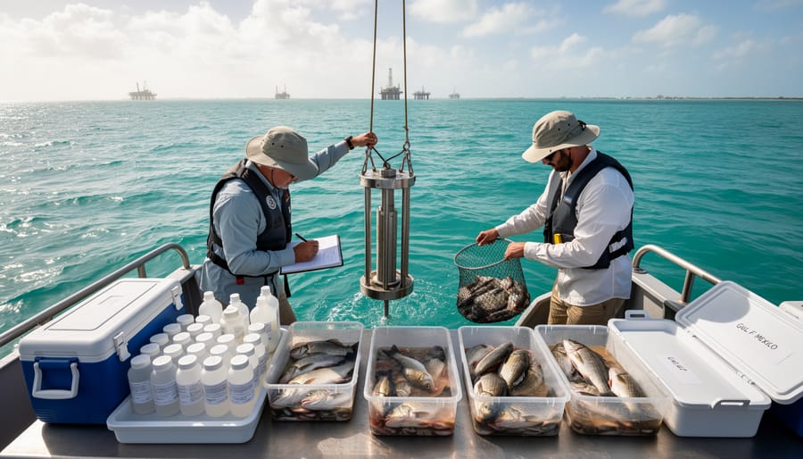 Marine biologists working with a sampling net from a research skiff in the Gulf of Mexico