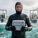 Marine biologist in a wetsuit handling an insulated container for collecting marine biological samples aboard a research boat on the ocean.