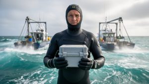 Marine biologist in a wetsuit handling an insulated container for collecting marine biological samples aboard a research boat on the ocean.