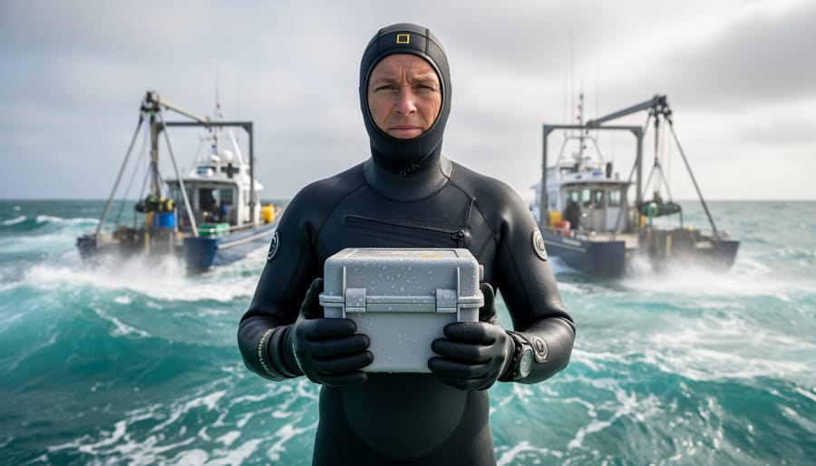 Marine biologist in a wetsuit handling an insulated container for collecting marine biological samples aboard a research boat on the ocean.