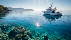 Sunlit coral reef beneath clear coastal water with a small anchored research vessel in the foreground, representing a marine protected area.