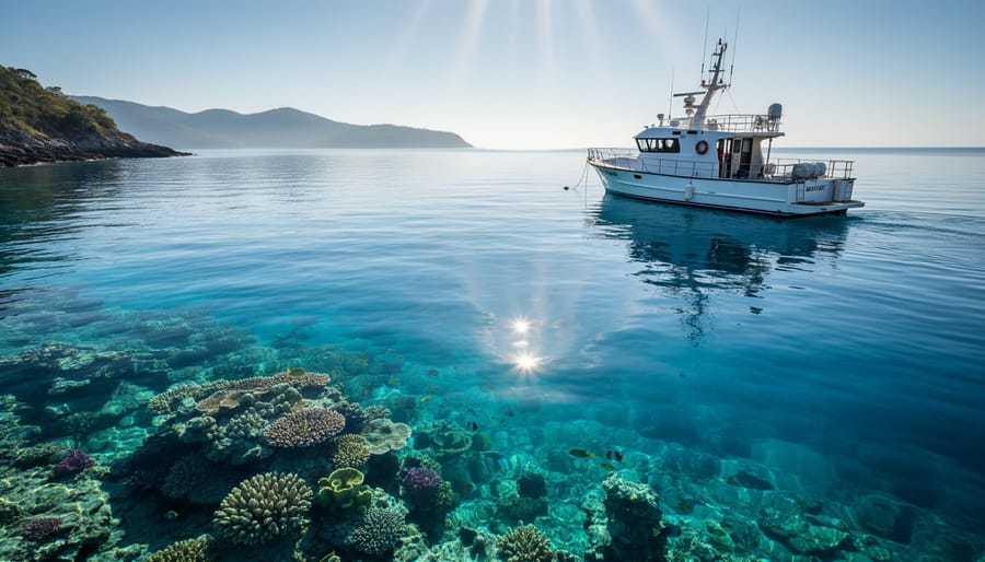 Sunlit coral reef beneath clear coastal water with a small anchored research vessel in the foreground, representing a marine protected area.