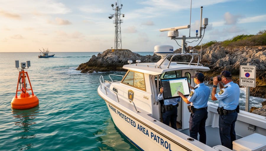 Marine ranger observing waters from a boat near a floating marker buoy