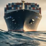 Low-angle view of a modern cargo container ship traveling across the ocean at golden hour, with subtle sensor-like equipment implied along the hull for maritime digital monitoring.