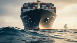 Low-angle view of a modern cargo container ship traveling across the ocean at golden hour, with subtle sensor-like equipment implied along the hull for maritime digital monitoring.