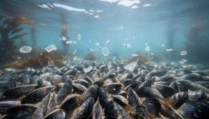 Water-level view of mussels in a shallow seawater habitat with tiny translucent microplastic fragments and fibers drifting in the light.