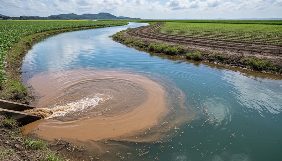 Muddy runoff entering a river from the shoreline
