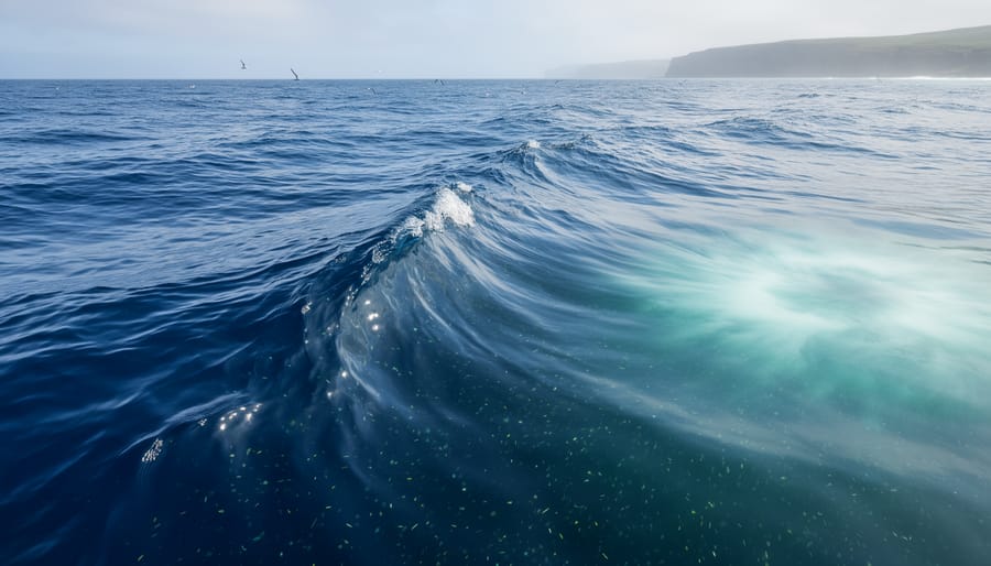Wide ocean view with a visible current and lighter upwelling region, showing drifting plankton in sunlit, blue water with distant birds and a hazy shoreline.