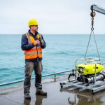 Ocean engineer in safety gear standing on a pier, overlooking the ocean while an underwater robotics vehicle rests on a winch cable nearby.