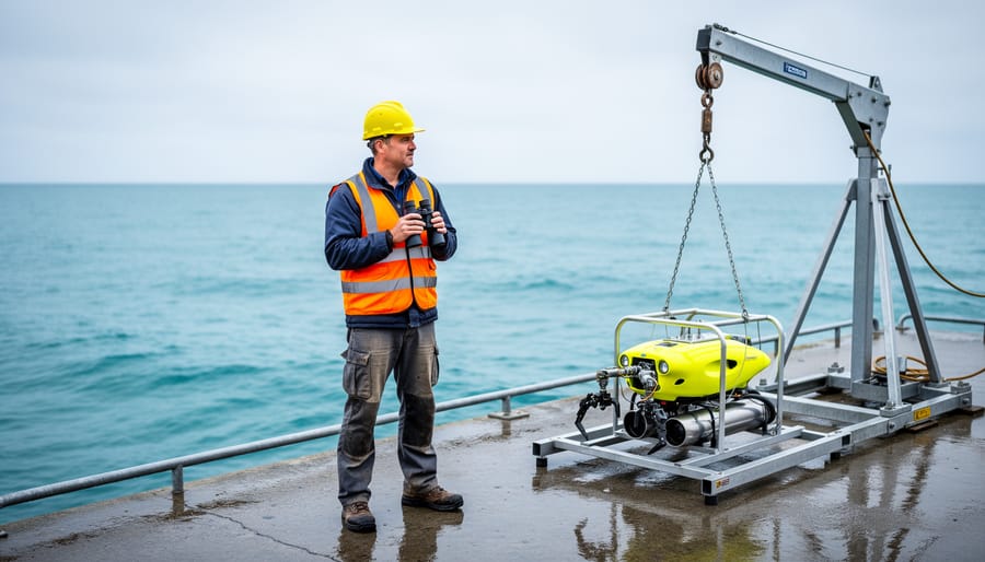 Ocean engineer in safety gear standing on a pier, overlooking the ocean while an underwater robotics vehicle rests on a winch cable nearby.