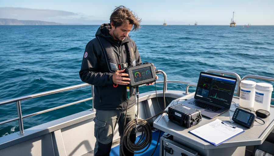 Ocean engineer inspecting a tethered underwater sensor on a research vessel deck