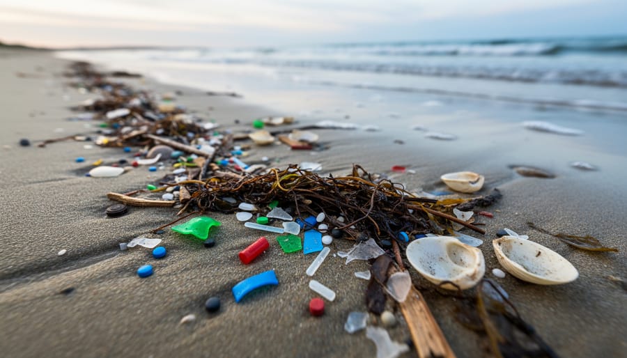 Plastic debris mixed with wet sand and rocks on a shoreline near the ocean