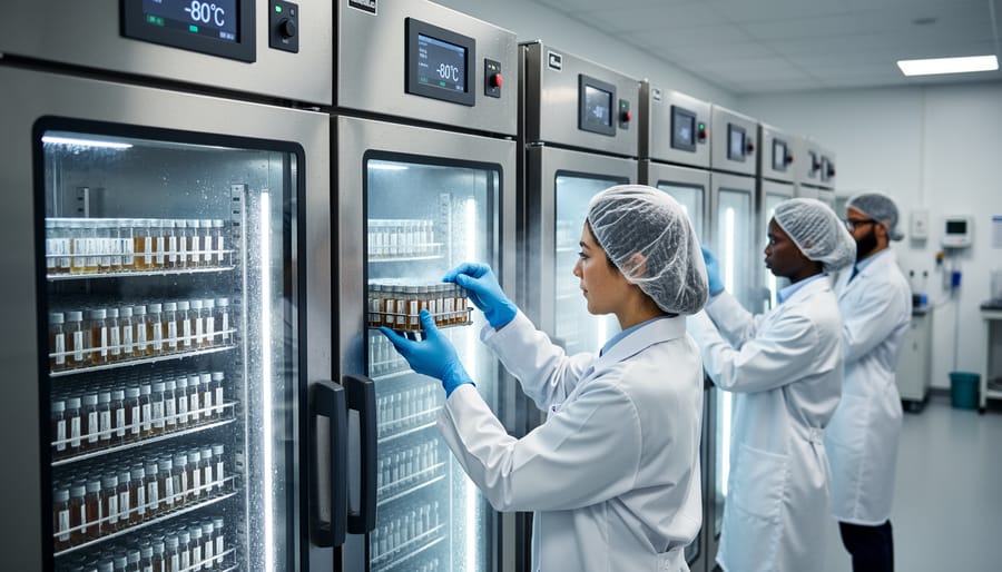 Researcher placing a cryogenic sample canister into a stainless storage rack in a biobank freezer room