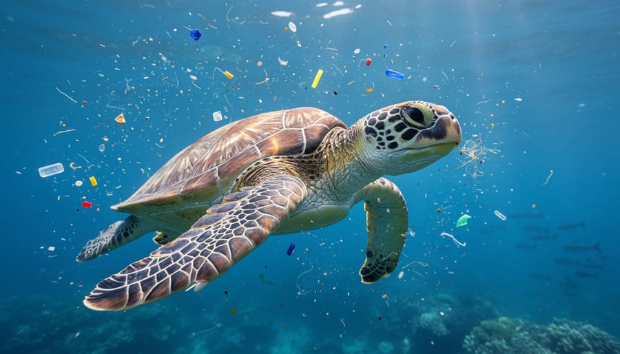 Sea turtle swimming near the ocean surface with sunlight reflecting on the water