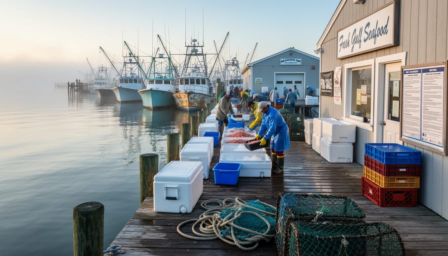 Shrimp trawler and commercial fishing boats near the Gulf shoreline at dawn