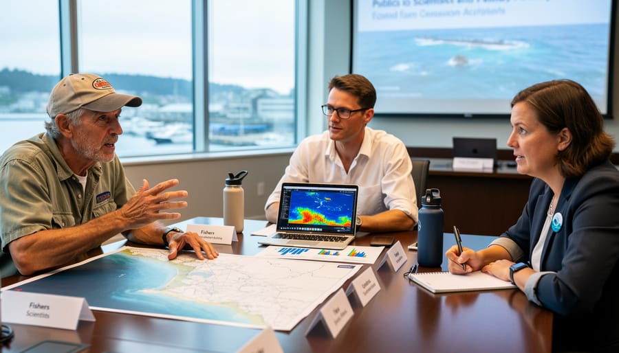 Stakeholders gathered in a meeting room with a view of the Gulf through windows