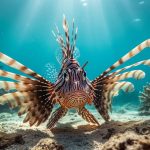 Underwater close-up of a venomous lionfish with red, white, and brown stripes fanning its fins above a vibrant coral reef, with sun rays and blurred reef life behind it.