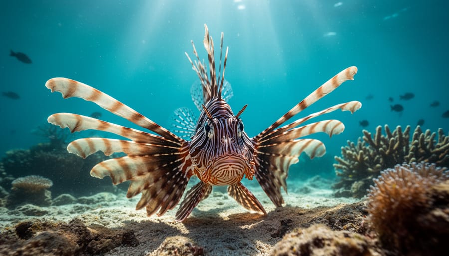 Underwater close-up of a venomous lionfish with red, white, and brown stripes fanning its fins above a vibrant coral reef, with sun rays and blurred reef life behind it.