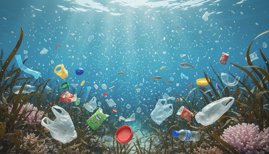 Underwater close-up of plastic debris near seagrass