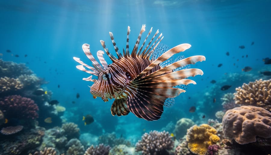 Underwater photo of a lionfish on a coral reef with pectoral fins spread