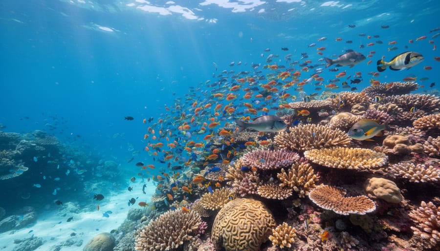 Underwater view of a colorful coral reef with many fish and a sea turtle swimming above the corals.