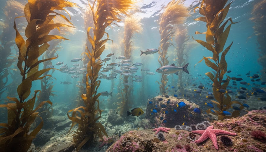 Underwater view of a kelp forest with sunlight rays filtering through