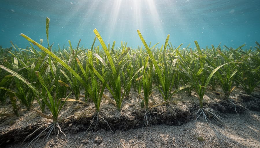 Underwater view of a sunlit seagrass meadow with blades swaying in clear blue water