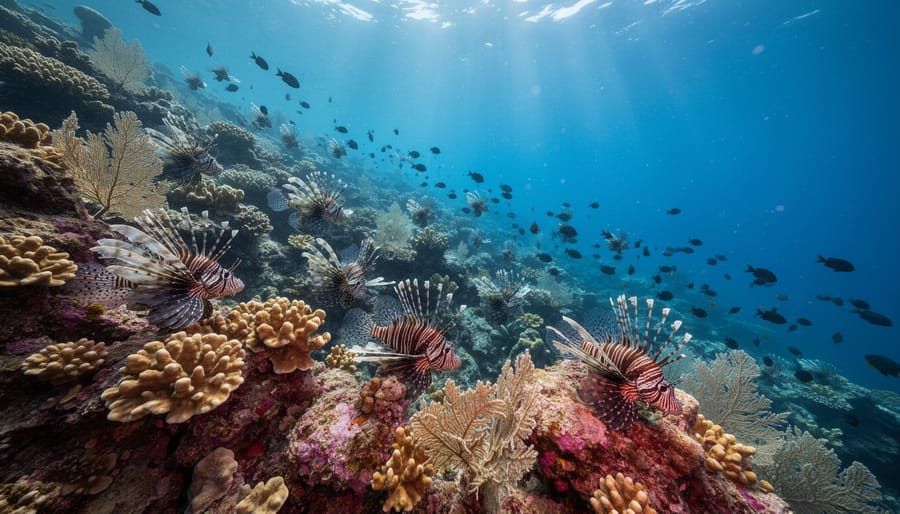 Wide underwater view of a coral reef with lionfish present among coral structures