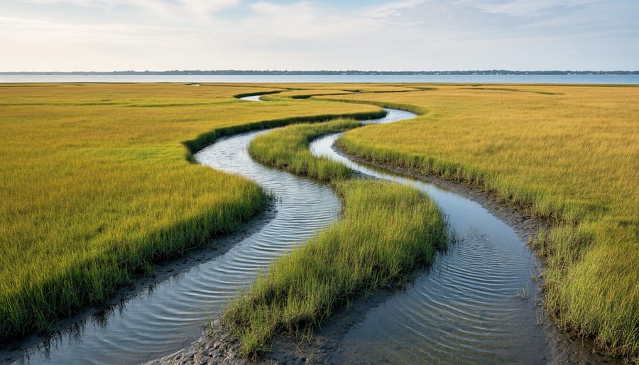 Wide view of a tidal salt marsh with dense saltgrass and muddy tidal channels