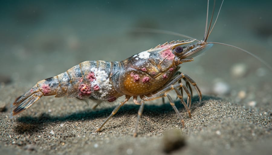 Close-up of a shrimp with signs of disease in shallow seawater.