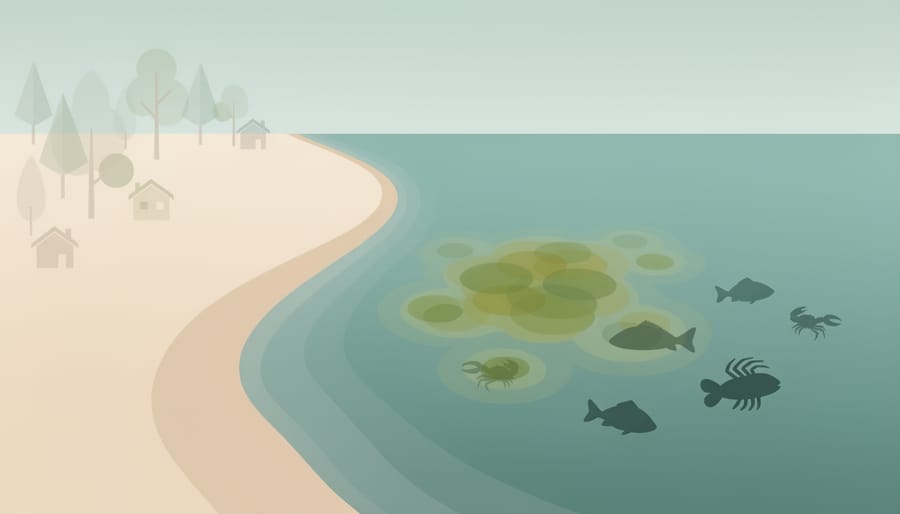 Coastal shoreline with drifting algae in the surf at dusk.