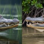 Close-up profiles of an American alligator and a saltwater crocodile showing different snout shapes, with freshwater reeds and mangrove roots in the background.