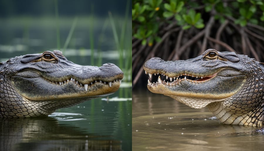 Close-up profiles of an American alligator and a saltwater crocodile showing different snout shapes, with freshwater reeds and mangrove roots in the background.