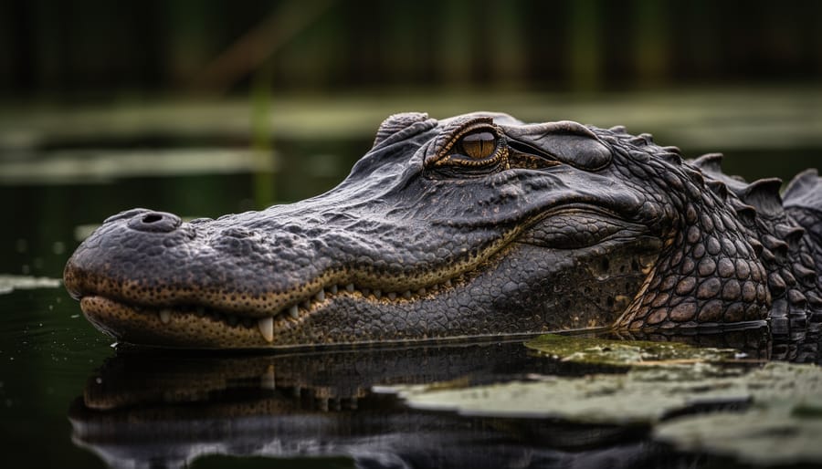 Close-up of an American alligator’s broad snout and head above dark wetland water