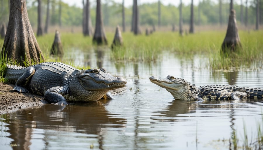 American alligator and American crocodile visible side-by-side near a wetland shoreline