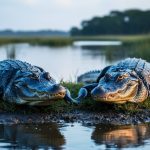 Two large basking reptiles near a marsh waterway, one with a broad U-shaped snout and the other with a narrower V-shaped snout, photographed with reeds and mangroves in the background.