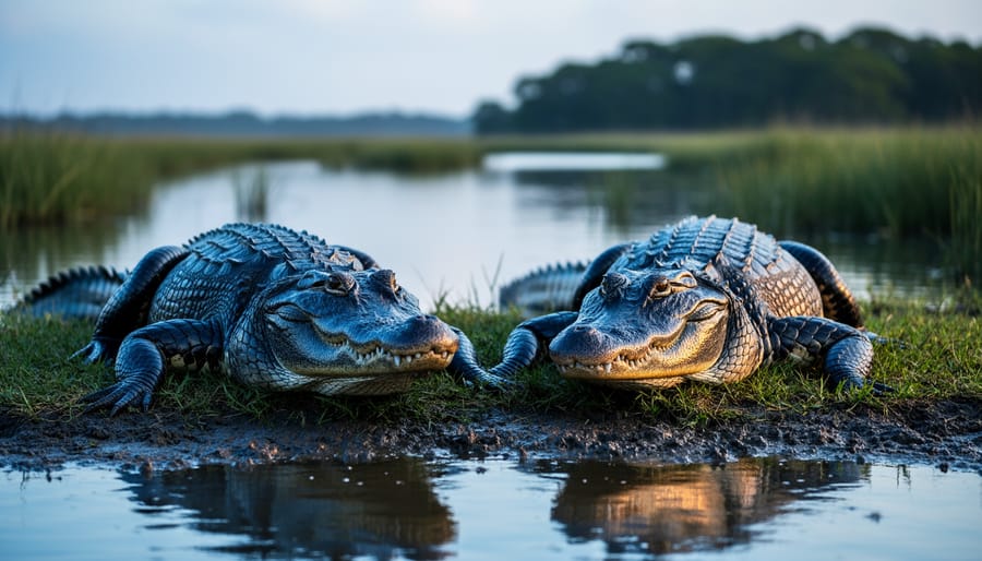 Two large basking reptiles near a marsh waterway, one with a broad U-shaped snout and the other with a narrower V-shaped snout, photographed with reeds and mangroves in the background.