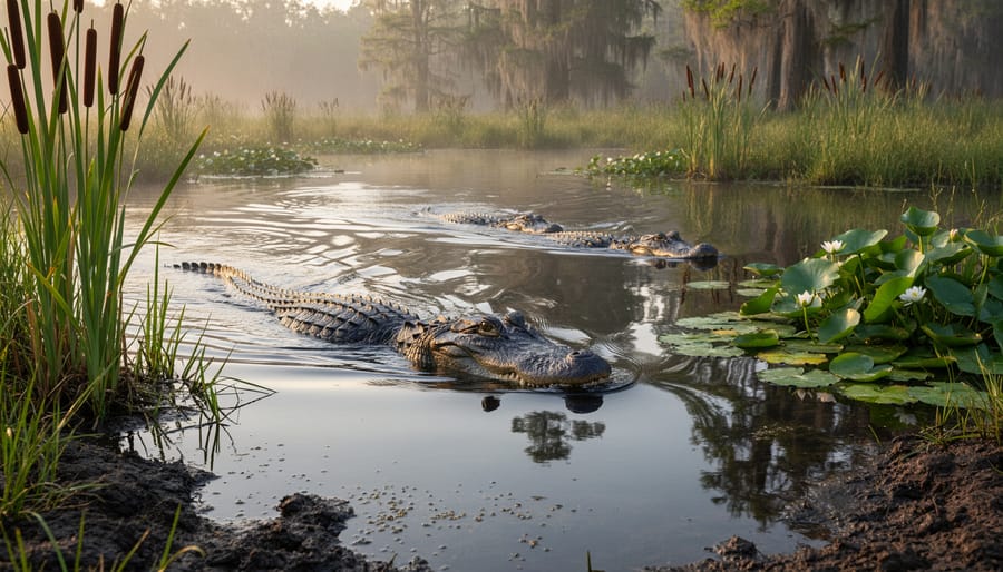 American alligator tail partially submerged in dark wetland water near marsh vegetation