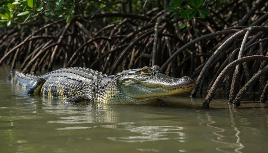 American crocodile at a mangrove coastline with olive-brown scales near brackish water