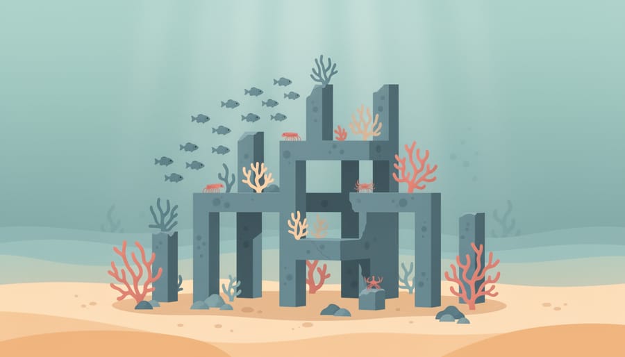 Partially submerged artificial reef balls with juvenile fish near the structure