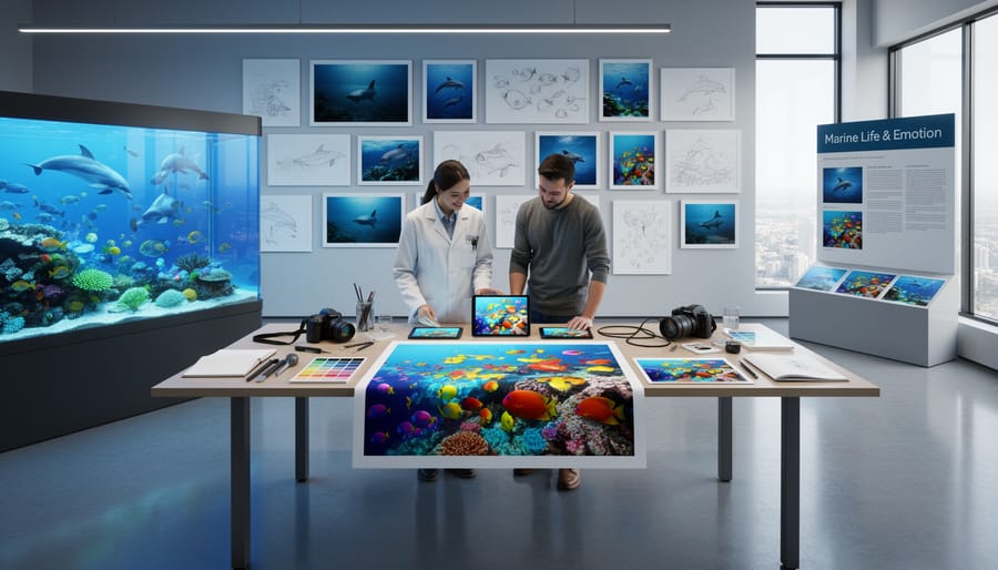A marine biologist and artist collaborate in a studio while the artist paints coral and fish.